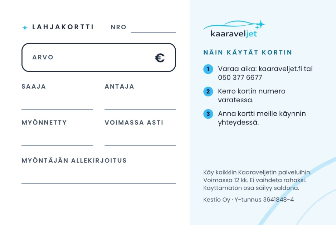 Lahjakortin takapuoli: arvo, saaja, antaja, voimassaolo ja käyttöohje